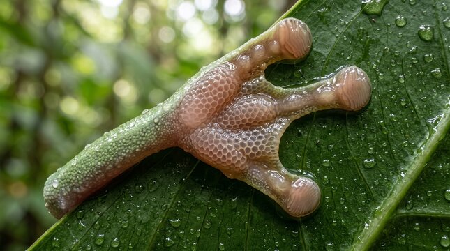 Vibrant red-eyed tree frog foot, detailed close-up of a sticky amphibian toe pad on a wet green leaf, tropical rainforest wildlife photography, nature conservation concept
