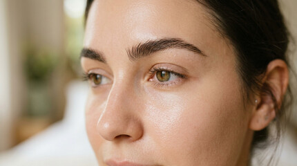 Fototapeta premium Close-up portrait of a woman's face with clear skin and natural eyebrows