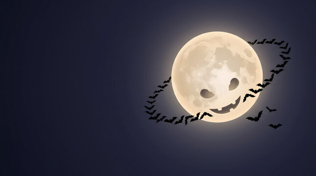 Halloween banner with bats orbiting a spooky full moon face in the dark night sky