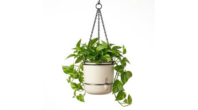 Hanging green pothos plant in simple white ceramic pot with potted plant houseplant botanical decoration interior trailing isolated background gardening epipremnum pottedplant