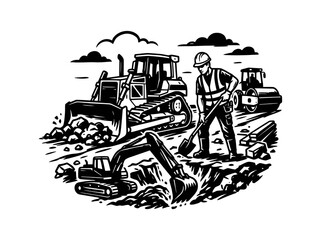 Naklejka premium Black and White Construction Site Scene with Bulldozer, Excavator, Roller, Worker Digging