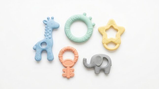 Collection of colorful silicone teething toys for infants and toddlers isolated with teething silicone colorful elephant accessories parenting childhood equipment collection nontoxic