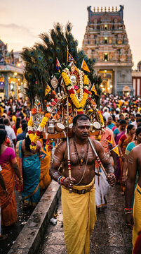Hindu devotee carrying a decorated kavadi during the Thaipusam festival