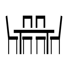 Fototapeta premium Dining table with six chairs, depicted as a stark, minimalist silhouette icon suitable for representing furniture, meal times, or social gatherings in a graphic context.