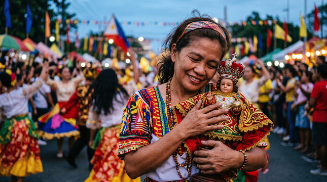 Happy Filipino woman holding Santo Nino statue during Sinulog Festival parade