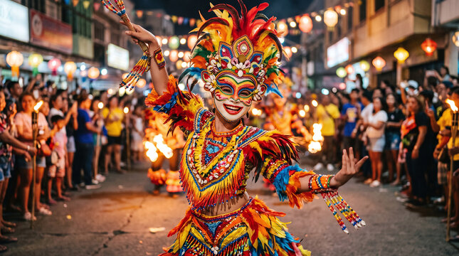 Colorful smiling mask dancer performing at the Masskara Festival in Bacolod