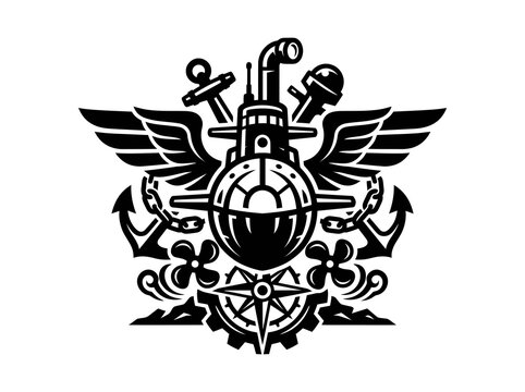 Naval Submarine Force Crest Emblem Vector Art: Black and White Maritime Military Badge Glyph