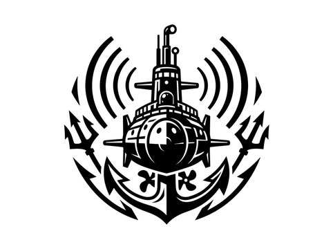 Black and White Submarine Naval Mascot Emblem Illustration with Trident, Anchor and Sonar Waves