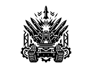 Fototapeta premium Military Missile System Emblem. Black White Glyph of Rocket Launcher on Tank Tracks.