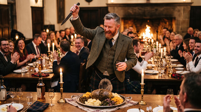 Scottish Man in Kilt Carving Haggis during Burns Night Supper Celebration