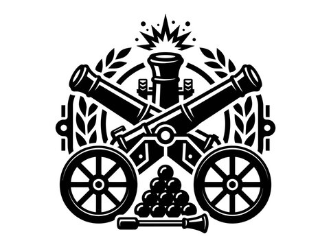 Black and White Military History Artillery Emblem with Crossed Cannons, Cannonballs and Burst - Glyph Vector