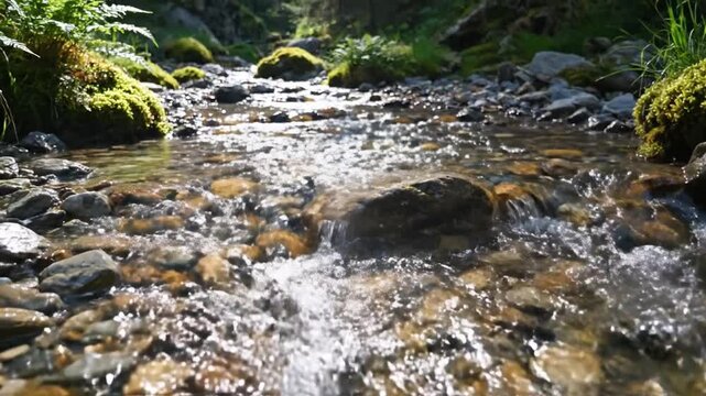 Crystal Clear Mountain Stream Water Flowing Over Smooth Rocks in Lush Green Forest