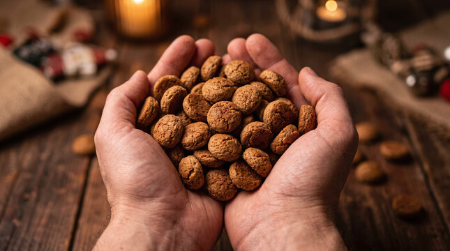 Cupped hands holding traditional Dutch pepernoten cookies for Sinterklaas.