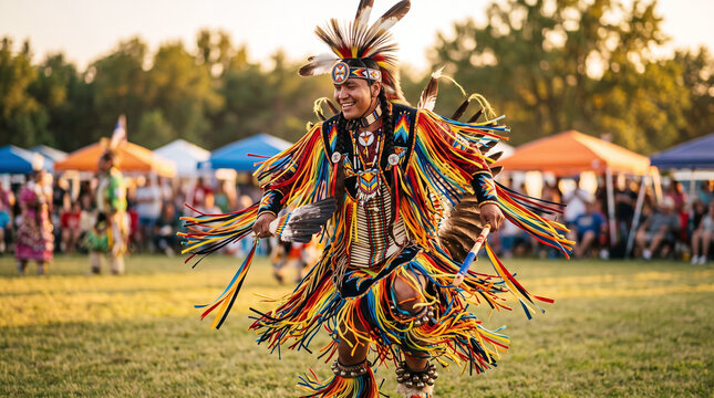 Smiling Native American man in vibrant grass dance regalia dancing at a powwow
