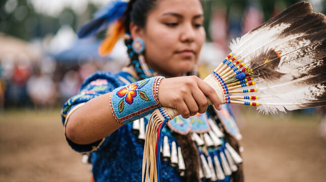Indigenous Native American jingle dress dancer holding a feather fan at a powwow