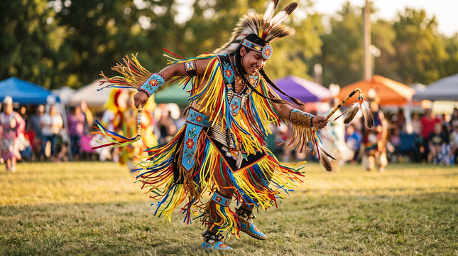 Native American dancer in vibrant regalia performing grass dance at a powwow