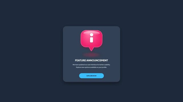 Feature Announcement UI Pop-Up, Dark Theme 3D Pink Info Icon Speech Bubble Animation for Web Application