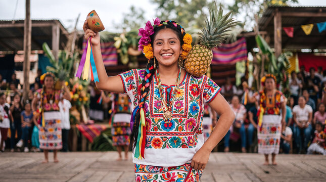 Traditional Mexican Flor de Pina dancer with pineapple on shoulder in Oaxaca