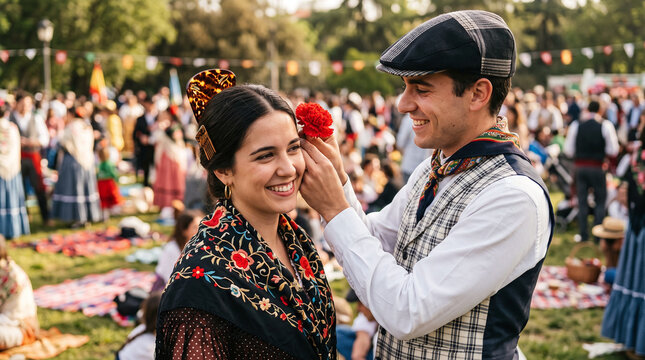 Man putting a red carnation in woman's hair at San Isidro festival in Madrid