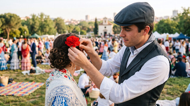 Man placing a red carnation in woman's hair at San Isidro festival in Madrid