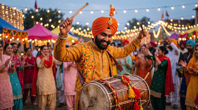 Joyful Punjabi man playing dhol drum during Baisakhi festival celebration