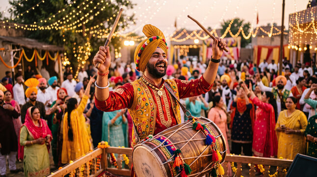 Joyful Punjabi dhol player performing bhangra dance at Baisakhi festival