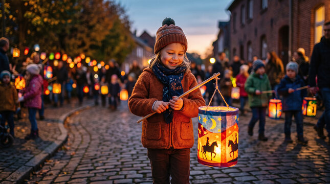 Smiling child holding a glowing paper lantern during a St. Martin's Day parade