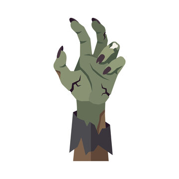 Zombie hand reaching up, undead green monster arm with sharp claws, spooky halloween horror vector illustration isolated on White Background halloween