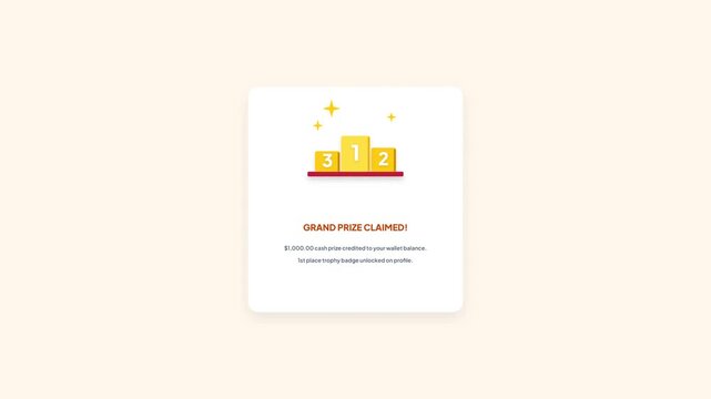Congratulations Rank 1 Winner Podium Leaderboard Prize Claim UX UI Card Vector Motion Graphic