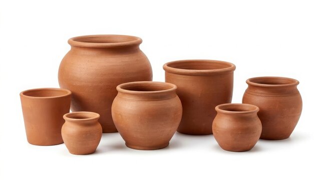Collection of empty unglazed terracotta clay flower pots isolated on white background with brown clay plant pots clay vessels terracotta flowerpot gardening container earthenware collection