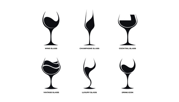 Set of minimalist wine and cocktail glass silhouettes for bar menus