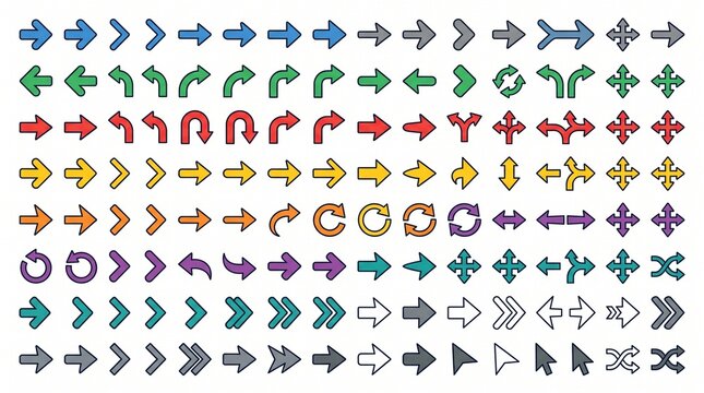 Create a premium colorful directional arrow and navigation symbol icon collection featuring a large set of modern flat vector arrow icons arranged in a clean, organized grid. Recreate the visual style