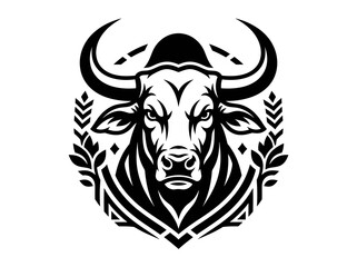 Fototapeta premium Stylized Bull Head Crest Logo in Black and White with Wheat for Agriculture and Ranching