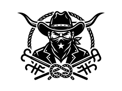 Black and White Vector Art of a Tough Cowboy Bandit with Bull Horns and Rope