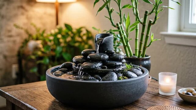 Modern tabletop water fountain with trickling stream on black stones, seamless loop animation background