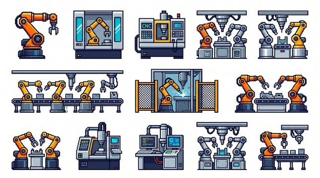 Create a premium industrial robotics, automation, and smart manufacturing icon collection featuring 10 colorful pixel-art illustrations in a polished retro 8-bit/16-bit video game style. Design each s