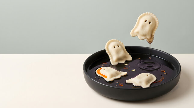 Creative ghost-shaped ravioli in squid ink broth for Halloween themed dish