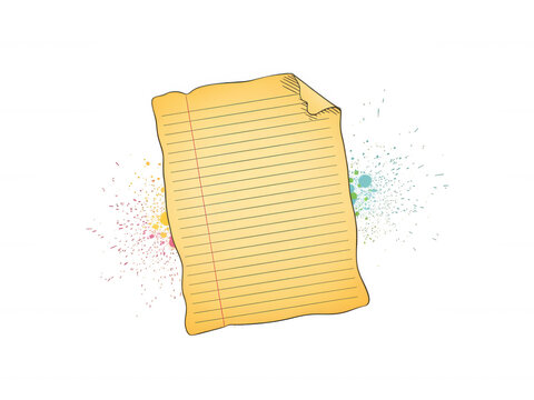 Artistic yellow lined paper sheet with colorful paint splashes isolated on transparent background