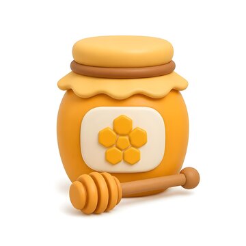 honey jar with a label showing a honeycomb, with a small honey dipper placed in front 3d rendering isolated on white background cartoon plastic style icon