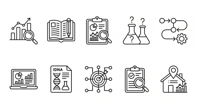 Create a premium research, analytics, science, and innovation icon collection featuring 10 modern minimalist outline vector icons in a clean professional line-art style. Design each icon using thin bl