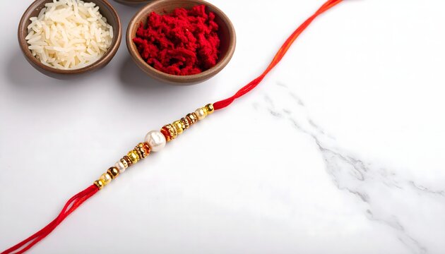 Minimalist Raksha Bandhan Rakhi with Kumkum and Rice on Marble Background