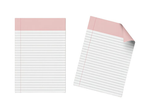 Two pieces of pink header lined note paper including one curled corner isolated on a transparent background