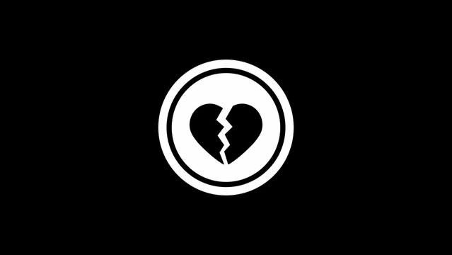 White broken heart inside a circular border on a solid black background, minimalist symbol of heartbreak or divorce