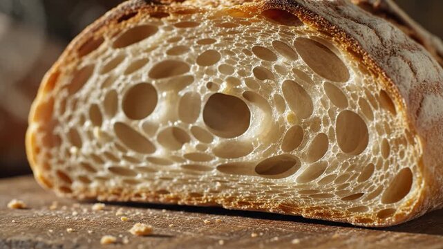 Close Up Macro View of a Freshly Baked Artisan Bread Slice Showing Intricate Crumb Detail