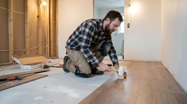 Man installing laminate flooring in a room under renovation