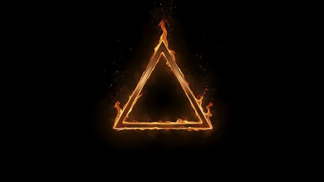 A glowing triangle shape made of bright orange fire flames burning on a dark black background