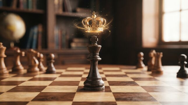 Golden crown hovering above a black chess king piece on a board