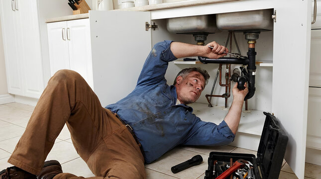 Plumber fixing pipes under kitchen sink domestic repair work skilled trade