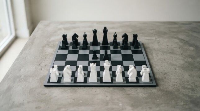 Modern minimalist chess set arranged on a concrete table