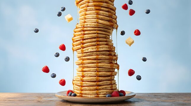 Deliciosa Torre de Panquecas com Frutas Vermelhas e Manteiga, Fotografada em uma Cozinha Iluminada, Fotografia Gastron&ocirc;mica, Del&iacute;cia Culin&aacute;ri